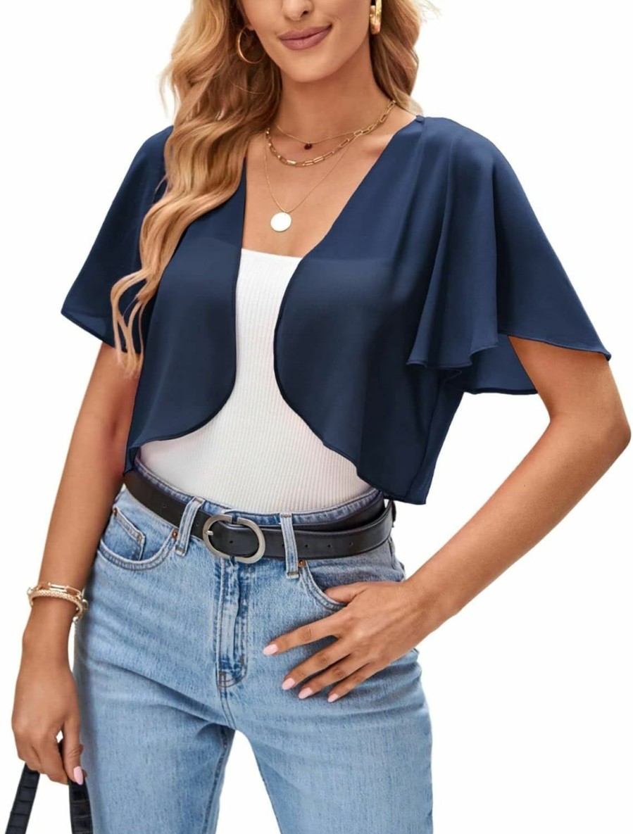 Sweaters | Kate Kasin Kate Kasin Women Shrug Sheer Ruffle Short Sleeve Cropped Chiffon Bolero For Dress