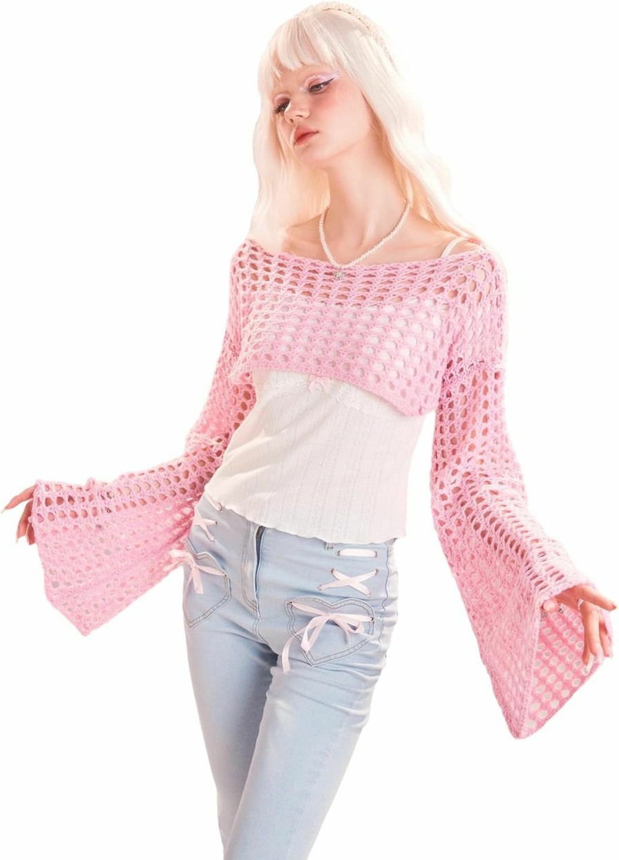 Sweaters | WDIRARA Wdirara Women'S Boat Neck Flounce Long Sleeve Crochet Hollow Out Sweater Crop Knit Top