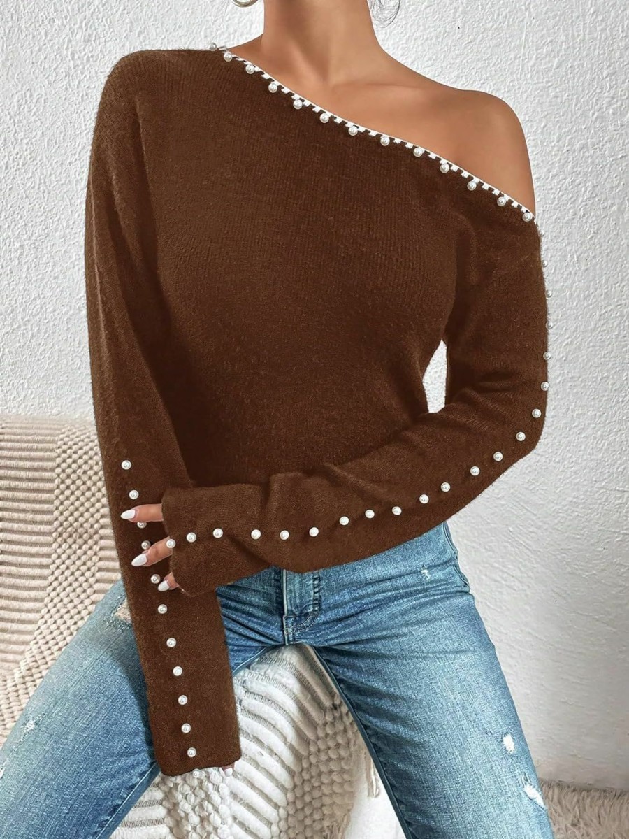 Sweaters | Milumia Milumia Women'S Pearls Beaded One Shoulder Knit Top Long Sleeve Asymmetrical Pullover Sweater