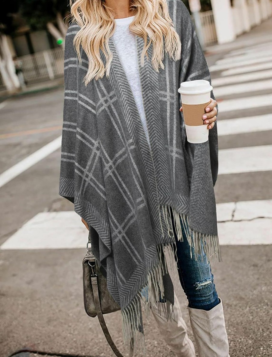 Sweaters | Bestshe Bestshe Women'S Boho Open Front Poncho Knitted Plaid Shawl Wrap Cape Tassel Cardigan Sweater