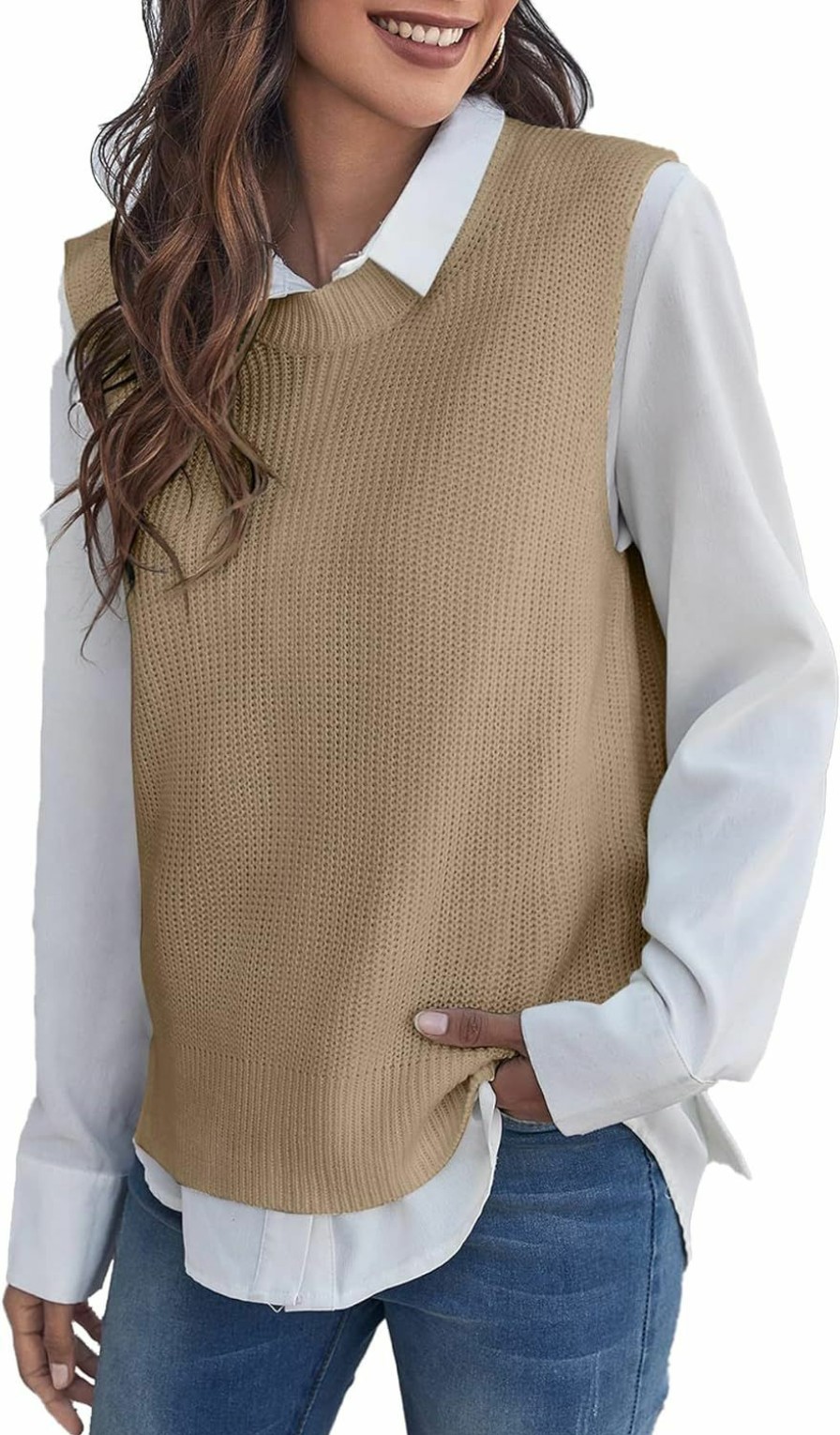 Sweaters | Verdusa Verdusa Women'S Casual Split Round Neck Sleeveless Pullover Top Sweater Vest