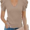 Sweaters | Amarmia Women'S Long Puff Sleeve Knit Pullover Sweaters Casual V Neck Ribbed Solid Soft Slim Fit Sweater Blouse Tops