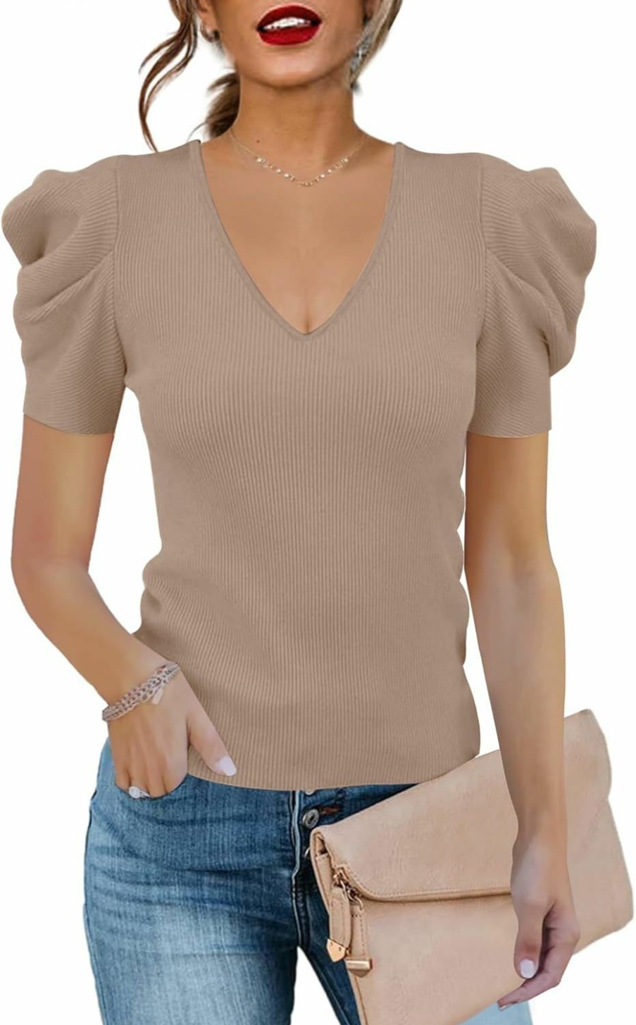 Sweaters | Amarmia Women'S Long Puff Sleeve Knit Pullover Sweaters Casual V Neck Ribbed Solid Soft Slim Fit Sweater Blouse Tops