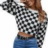 Sweaters | SweatyRocks Sweatyrocks Women'S Long Sleeve Drop Shoulder Top Checkered Print Pattern Pullover Crop Sweater