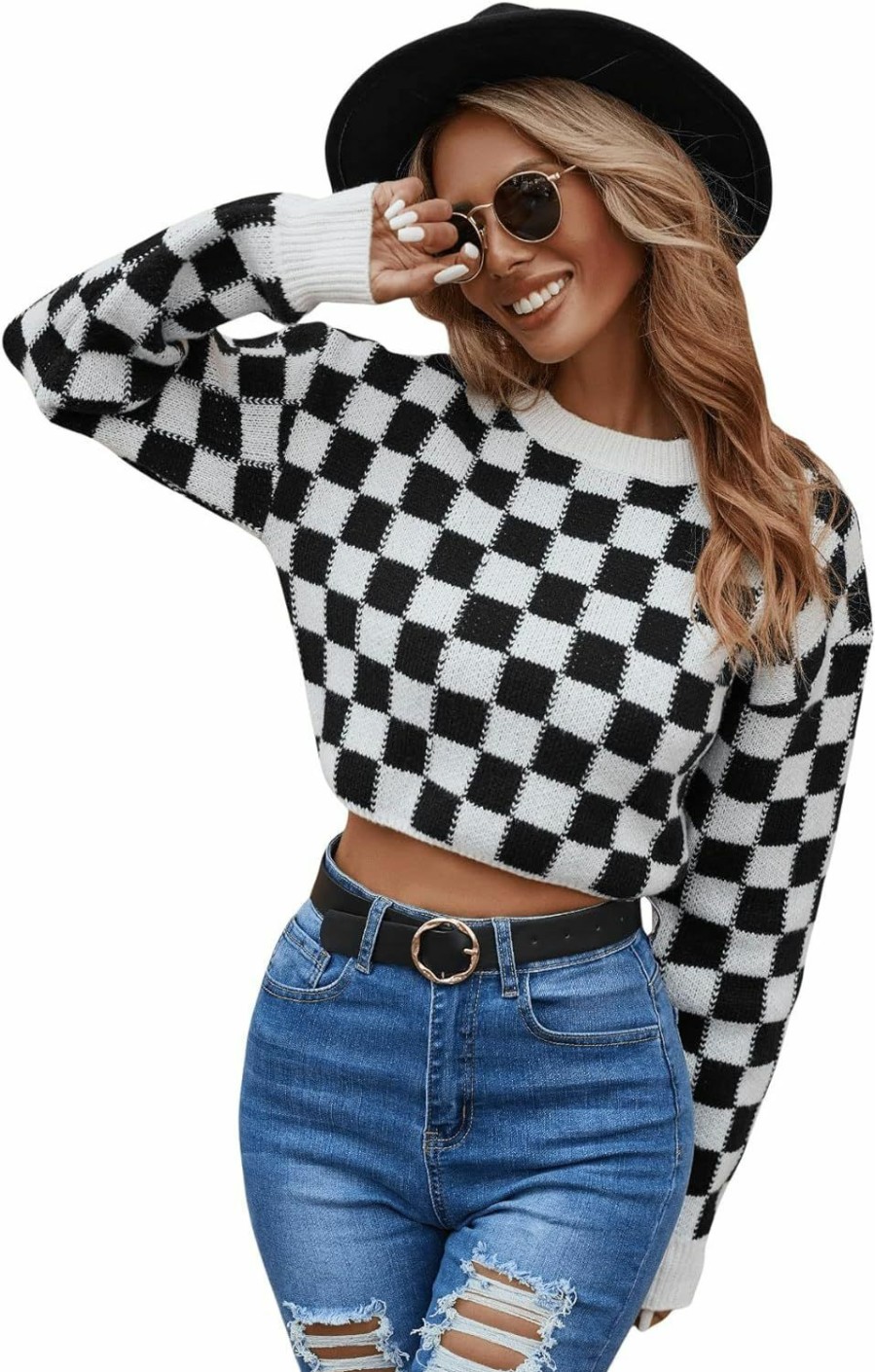 Sweaters | SweatyRocks Sweatyrocks Women'S Long Sleeve Drop Shoulder Top Checkered Print Pattern Pullover Crop Sweater