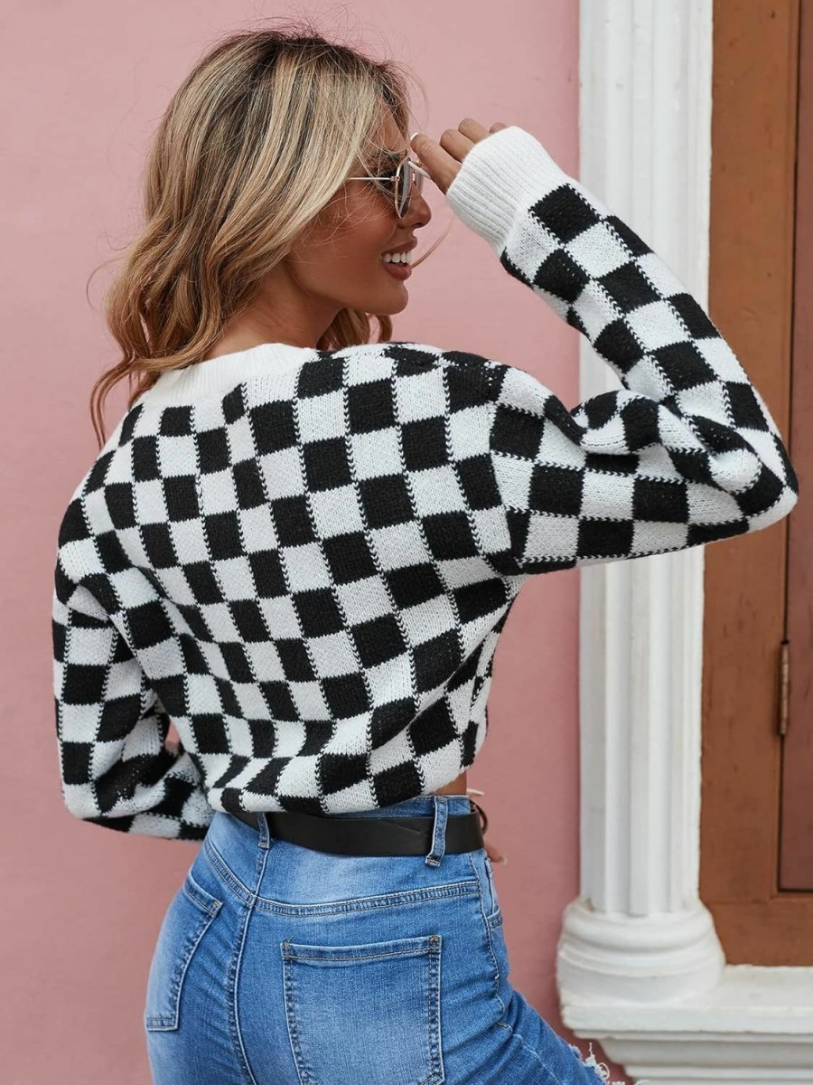 Sweaters | SweatyRocks Sweatyrocks Women'S Long Sleeve Drop Shoulder Top Checkered Print Pattern Pullover Crop Sweater