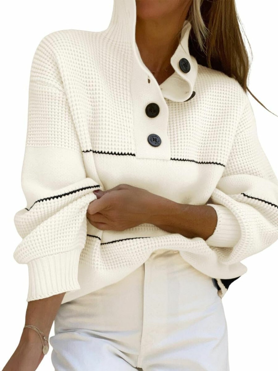 Sweaters | chouyatou Chouyatou Women'S Slouchy Waffle Knit Sweater 1/2 Button Polo Collared Pullover Striped Sweater Tops