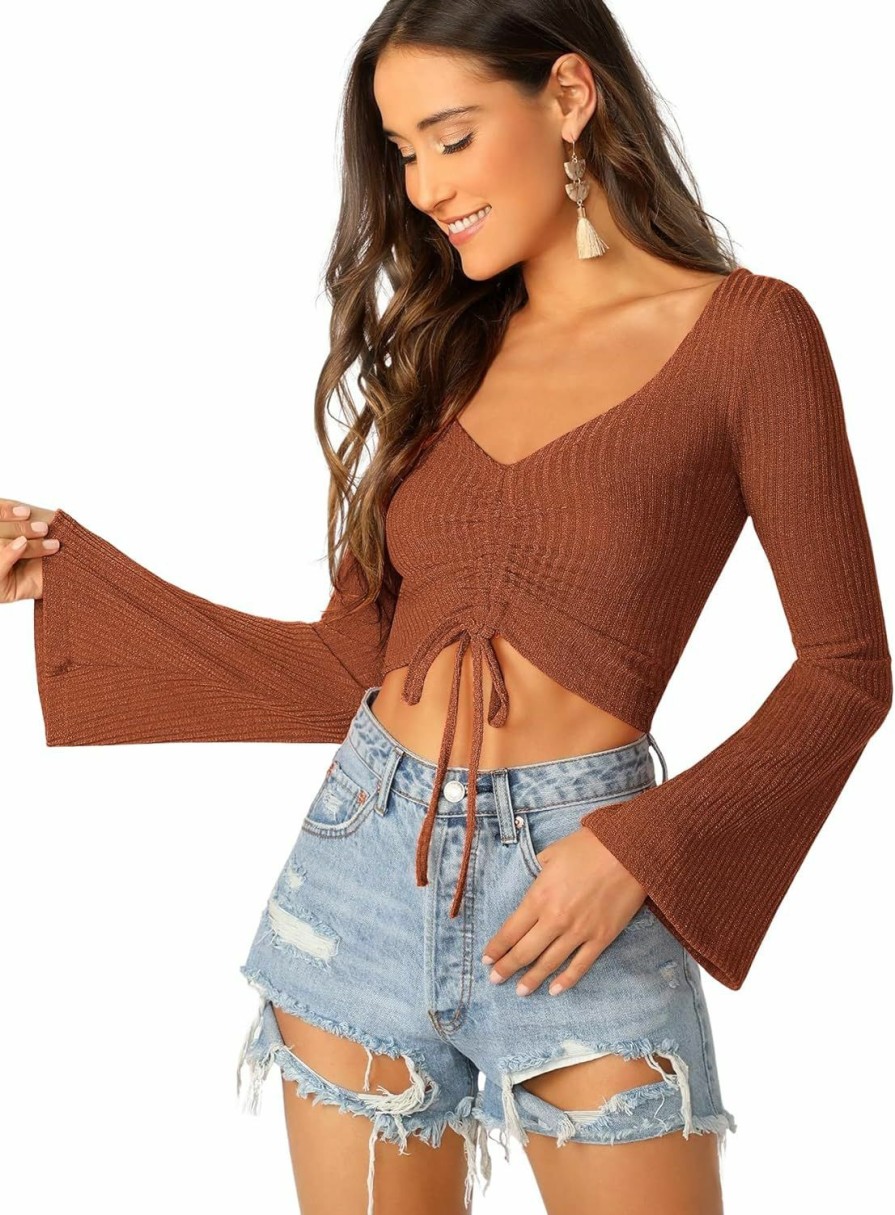 Sweaters | SweatyRocks Sweatyrocks Women'S Adjustable Drawstring String Long Bell Sleeve Rib Knit Sexy Crop Top