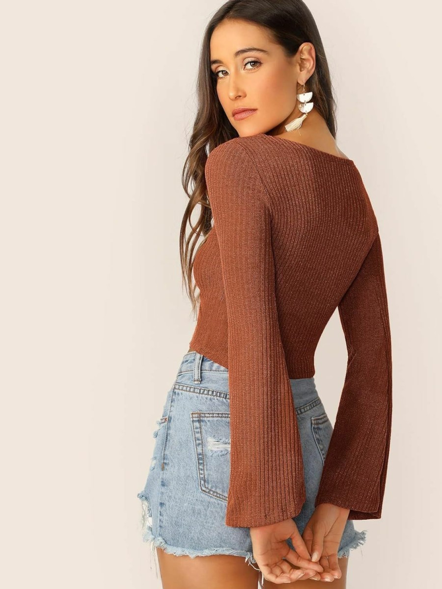 Sweaters | SweatyRocks Sweatyrocks Women'S Adjustable Drawstring String Long Bell Sleeve Rib Knit Sexy Crop Top