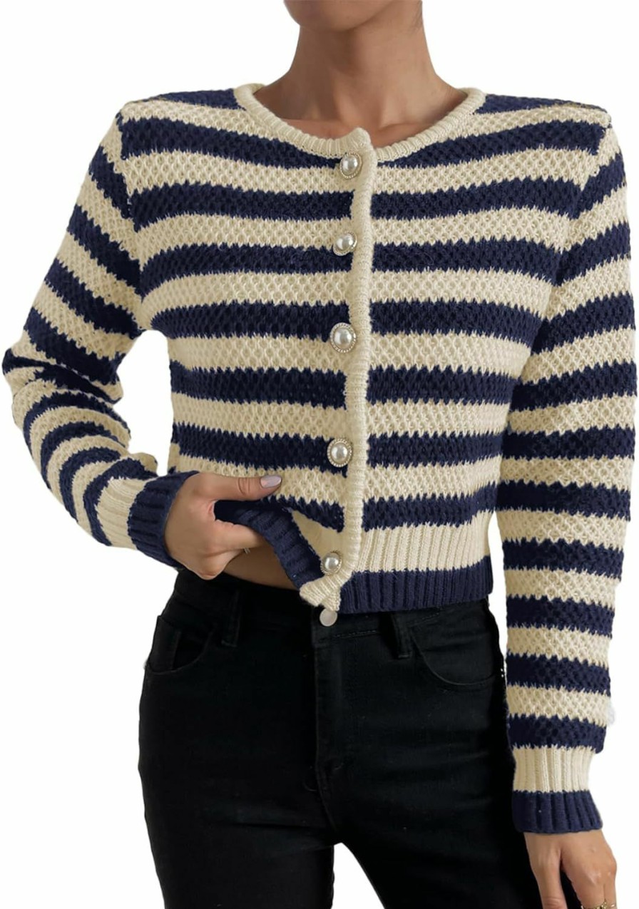 Sweaters | Verdusa Verdusa Women'S Button Front Striped Crop Cardigan Sweater Long Sleeve Knit Shrug