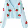 Sweaters | MakeMeChic Makemechic Women'S Strawberry Print Long Sleeve Button Down Cropped Cardigan Sweater