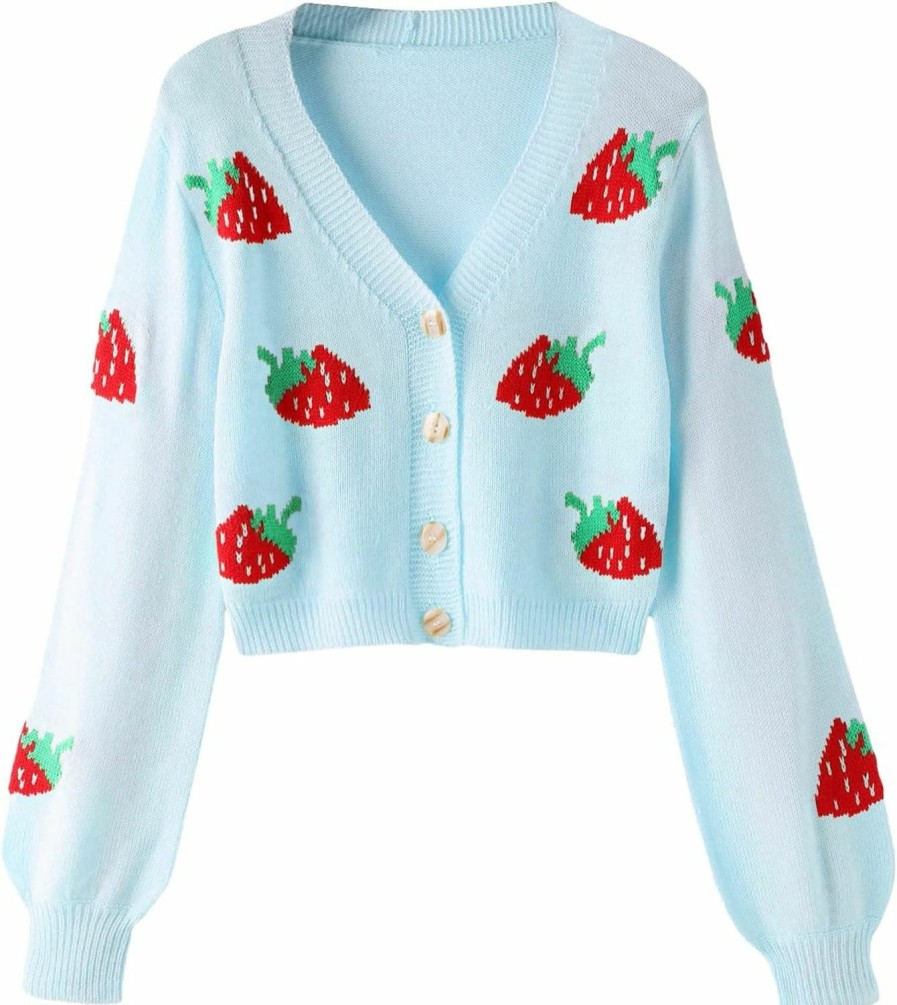 Sweaters | MakeMeChic Makemechic Women'S Strawberry Print Long Sleeve Button Down Cropped Cardigan Sweater