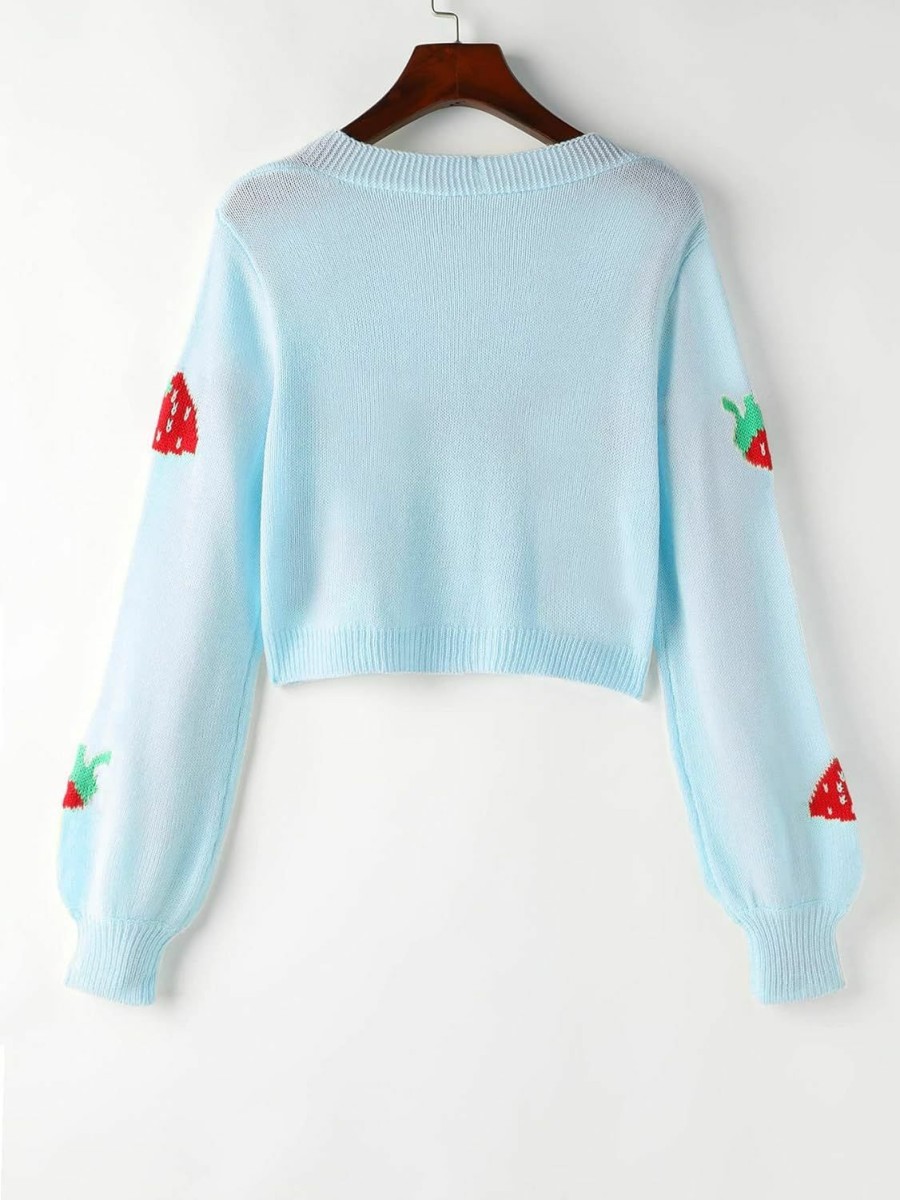 Sweaters | MakeMeChic Makemechic Women'S Strawberry Print Long Sleeve Button Down Cropped Cardigan Sweater