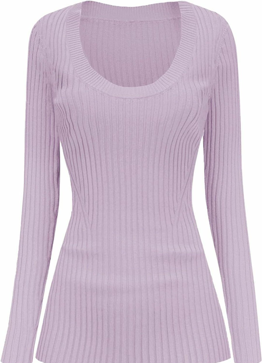 Sweaters | v28 V28 Women Scoop Neck U-Neck Knit Long Sleeve Slim Fit Ribbed Sweater Tops