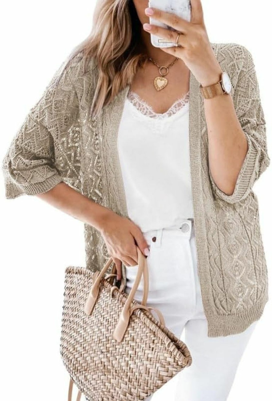 Sweaters | SHEWIN Shewin Cardigan Sweaters For Women Lightweight 3/4 Sleeve Cover Up Open Front Summer Cropped Crochet Cardigans Sweater