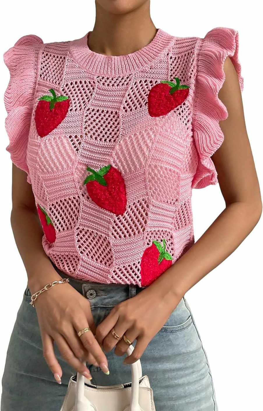 Sweaters | Milumia Milumia Women'S Strawberry Sweater Vests Ruffle Trim Sweater Tank Top Crew Neck Knit Vest