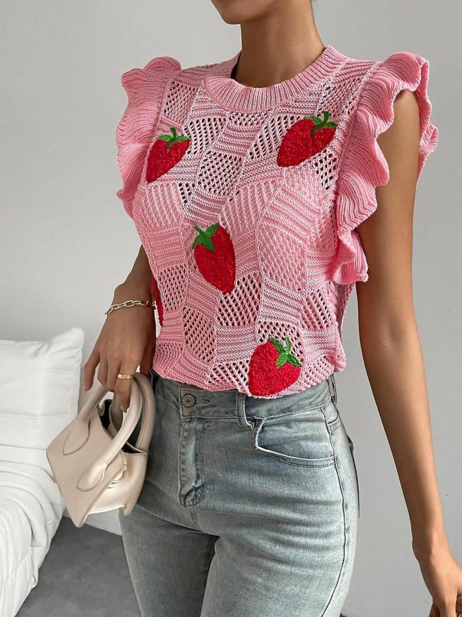 Sweaters | Milumia Milumia Women'S Strawberry Sweater Vests Ruffle Trim Sweater Tank Top Crew Neck Knit Vest