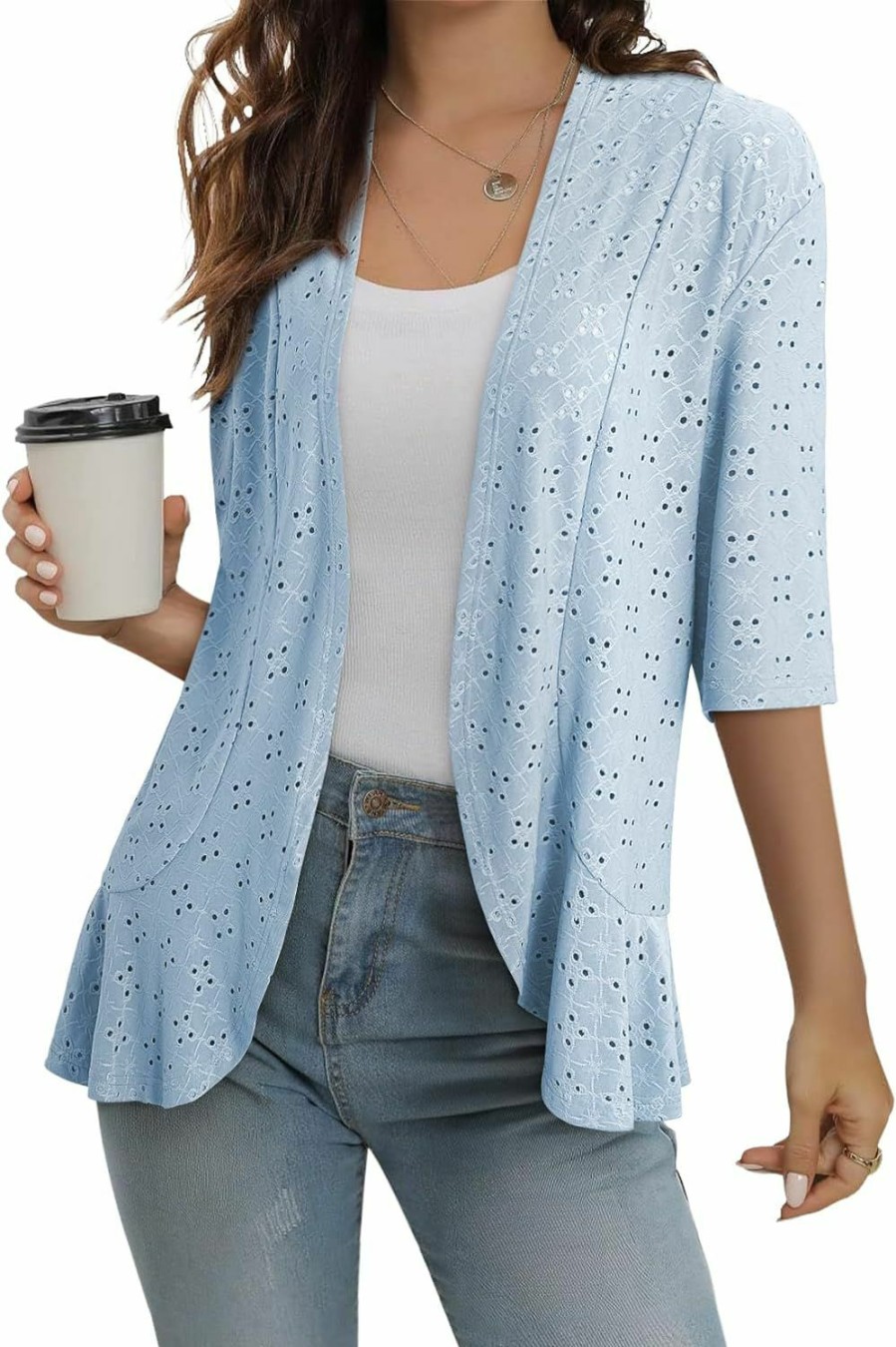 Sweaters | Sidefeel Sidefeel Lightweight Summer Cardigan For Women Spring Netted Knit Ruffle Half Sleeve Kimono Cover Ups