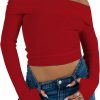 Sweaters | PICPUNMAK Picpunmak Women Basic Fitted Long Sleeve Off Shoulder Crop Tee Top With Thumb Hole Rib Knit Sweater Crop Shirt Pullover Tops