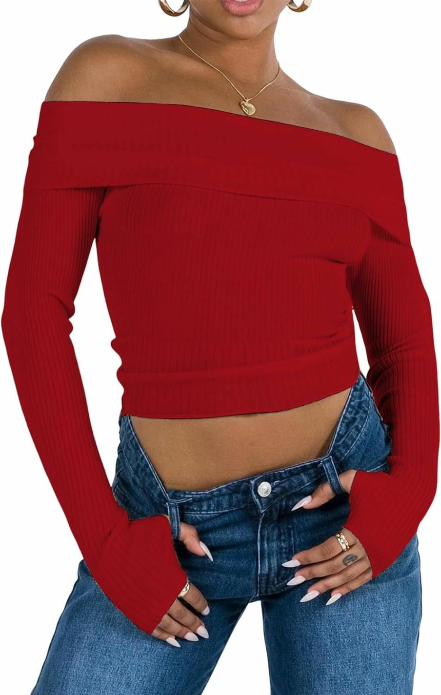 Sweaters | PICPUNMAK Picpunmak Women Basic Fitted Long Sleeve Off Shoulder Crop Tee Top With Thumb Hole Rib Knit Sweater Crop Shirt Pullover Tops