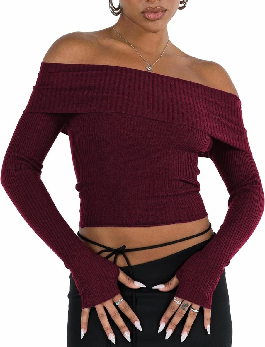 Sweaters | PICPUNMAK Picpunmak Women Basic Fitted Long Sleeve Off Shoulder Crop Tee Top With Thumb Hole Rib Knit Sweater Crop Shirt Pullover Tops