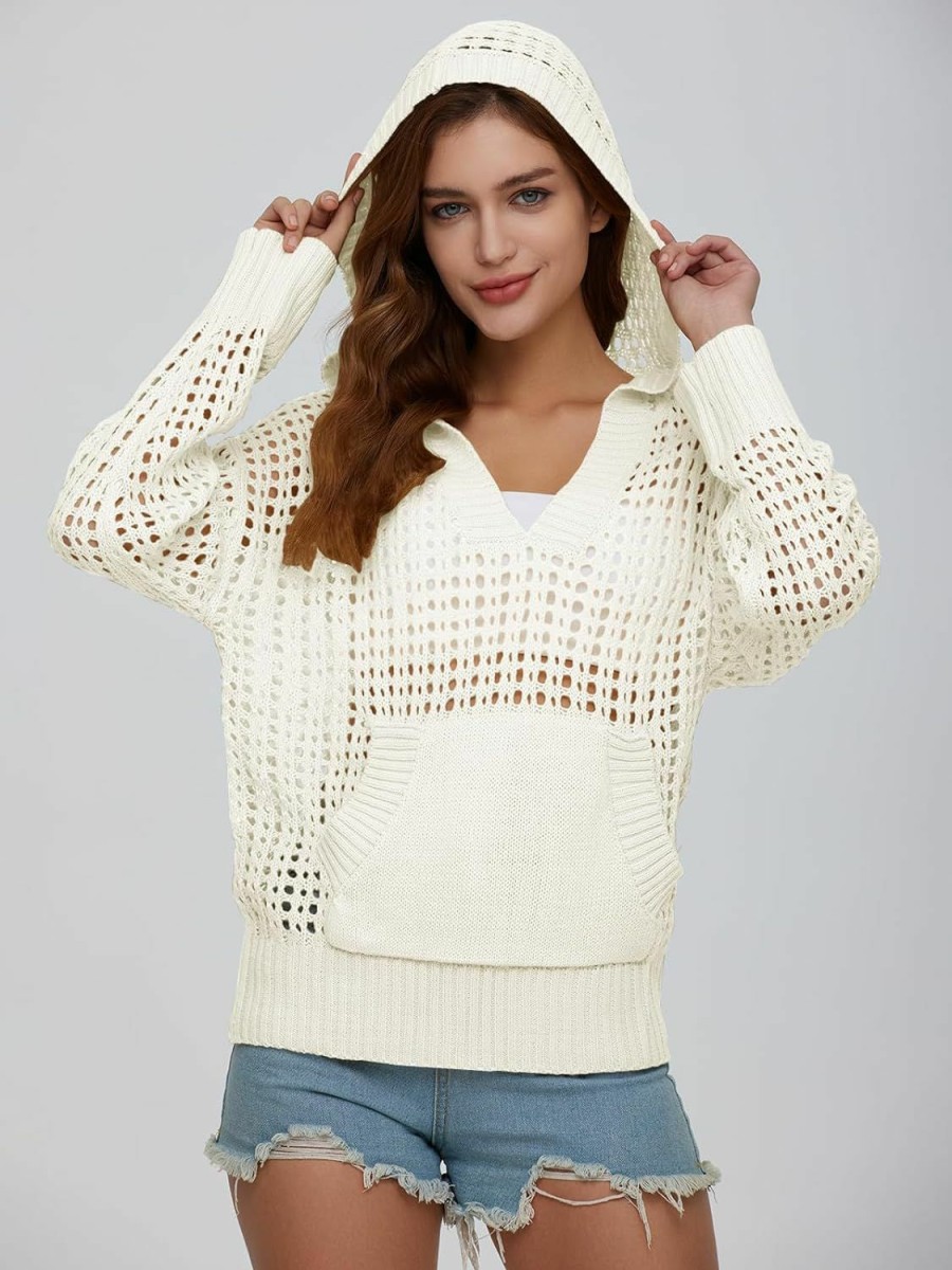 Sweaters | DEEP SELF Deep Self Women'S Summer Crochet Tops Long Sleeve V Neck Hollow Out Pullover Hoodie Shirts Knitted Sweater Cover Up