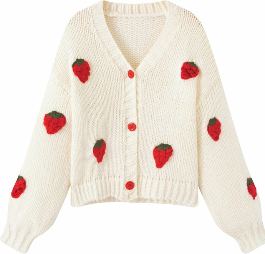 Sweaters | FindThy Findthy Women'S Kawaii Strawberry Embroidered Cardigan Long Sleeve V Neck Chunky Knitted Cardigans Tops