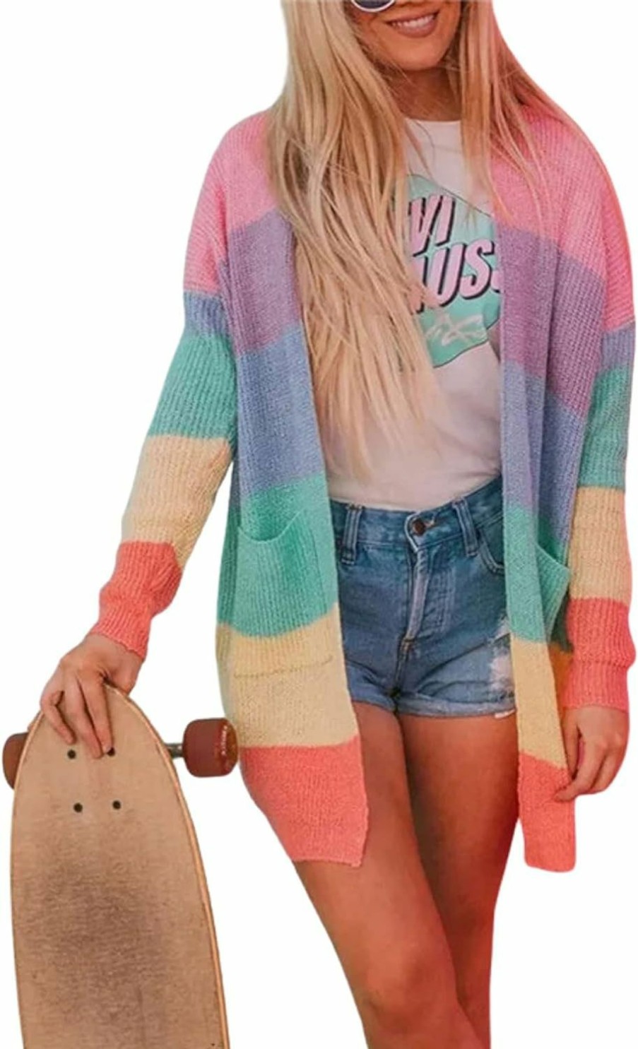 Sweaters | Hooever Hooever Women'S Long Pastel Knitted Rainbow Striped Color Block Cardigan Sweater