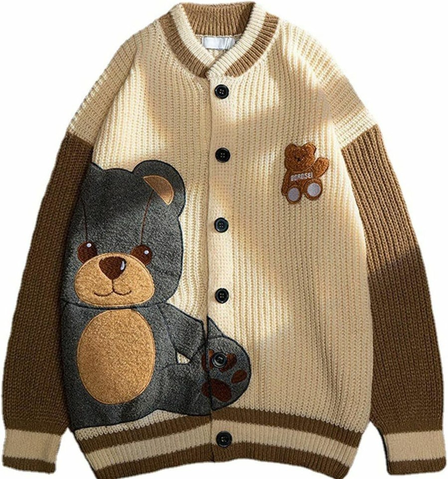 Sweaters | Weierpidan Women Varsity Sweater Button Up Knitted Cardigan Cute Bear Graphic Embroidery Jacket Top