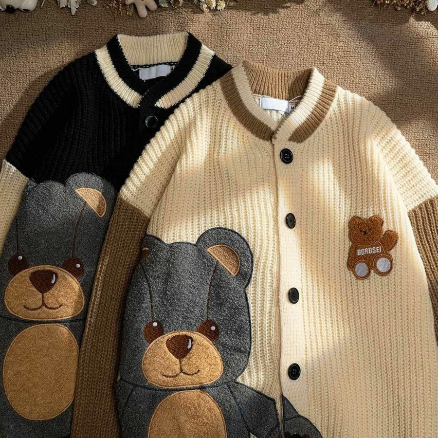 Sweaters | Weierpidan Women Varsity Sweater Button Up Knitted Cardigan Cute Bear Graphic Embroidery Jacket Top