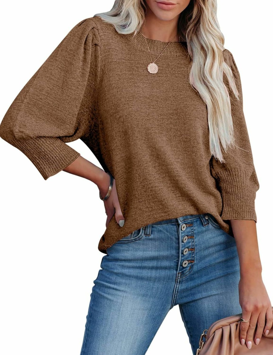 Sweaters | MACNOORA Womens Puff Sleeve Sweaters Crewneck Loose Pullover Tops Solid Color Lightweight Knit Casual Blouse Shirts