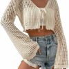 Sweaters | Verdusa Verdusa Women'S Bell Long Sleeve Tie Up Front Hollow Out Sheer Knit Crop Cardigan