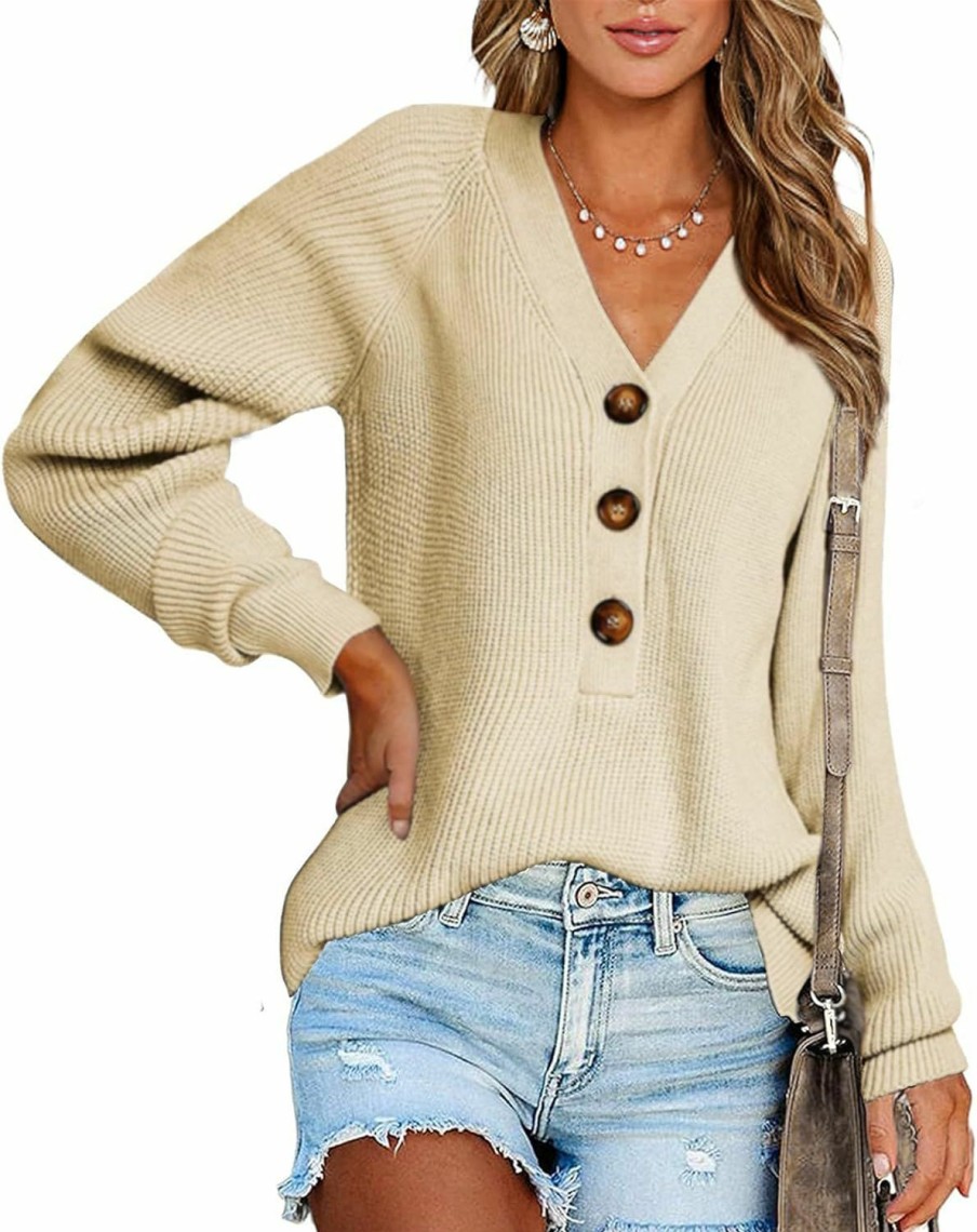 Sweaters | BTFBM Btfbm Women Long Sleeve V Neck Button Down Sweater Solid Color Ribbed Knit Sweater Casual Relaxed Fit Pullover Jumper