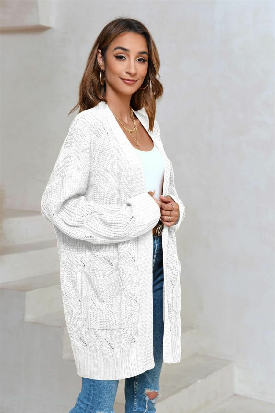 Sweaters | Miladusa Miladusa Women'S Cardigan Sweaters Long Sleeve Plus Size Solid Cable Knit Open Front Outerwear With Pockets