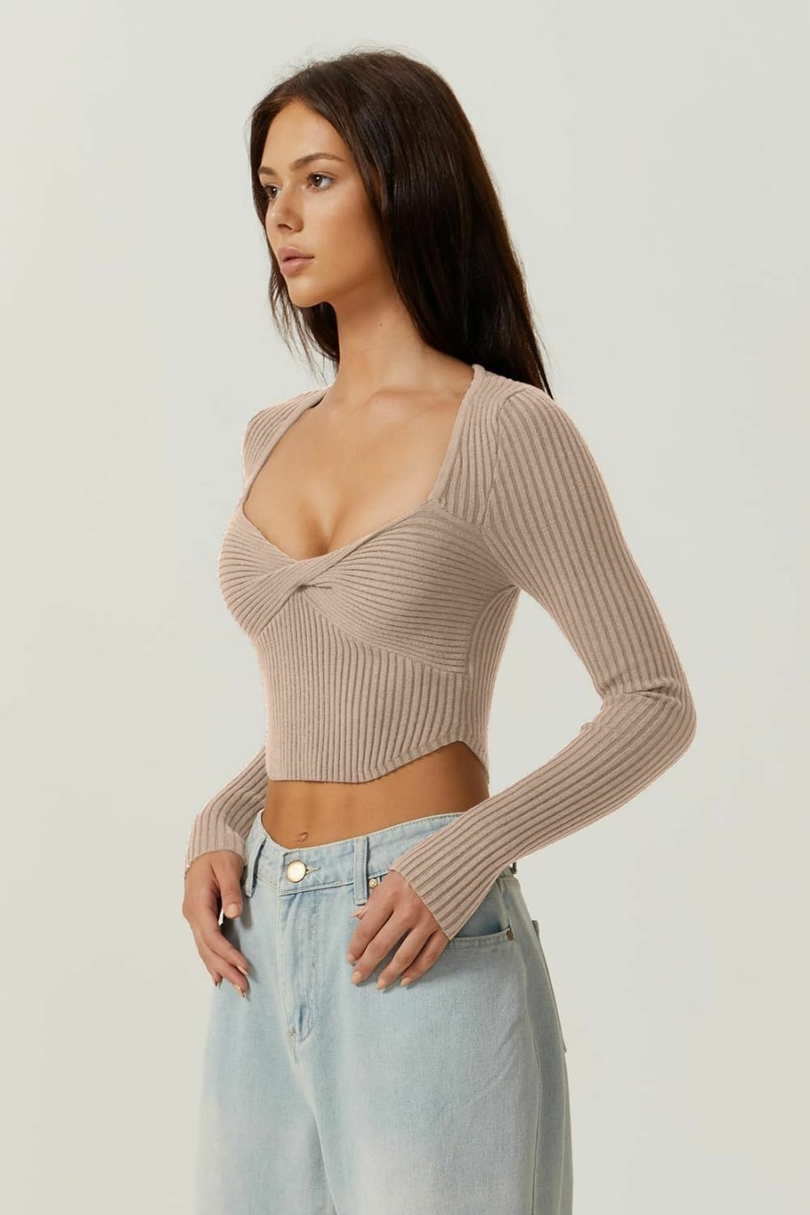 Sweaters | QINSEN Qinsen Women'S Long Sleeve Crop Top Sweaters Cozy Ribbed Knit Going Out Pullover T Shirts