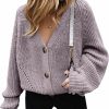 Sweaters | Asskdan Women'S V Neckline Button Down Knitwear Lantern Sleeve Basic Knit Cardigan Sweater Tops