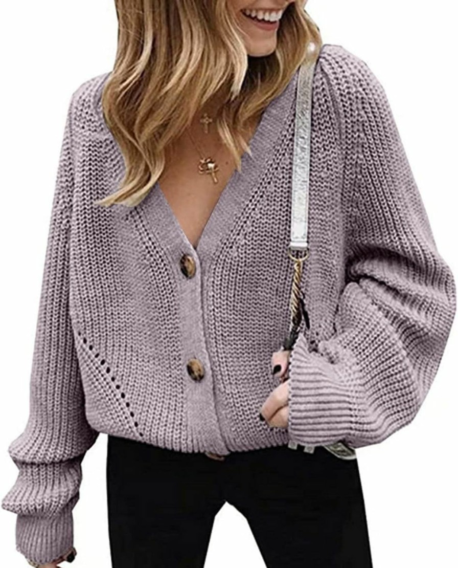 Sweaters | Asskdan Women'S V Neckline Button Down Knitwear Lantern Sleeve Basic Knit Cardigan Sweater Tops