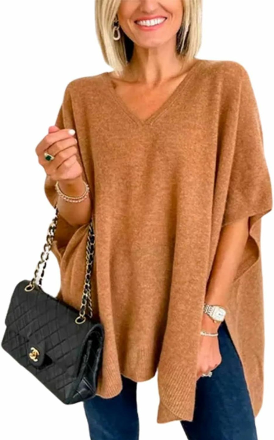 Sweaters | Apvirdy Womens Short Sleeve Sweater Poncho Sweaters Cashmere Pullover Shawl Loose Fitting Ponchos Wraps Baggy Tops