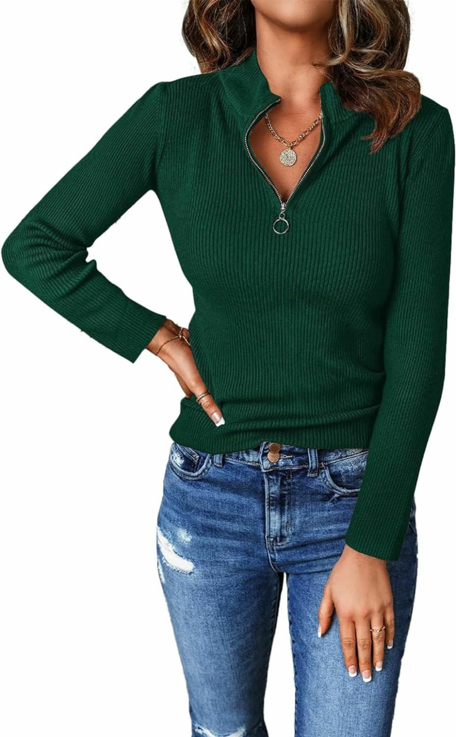 Sweaters | PRETTYGARDEN Prettygarden Fall Quarter Zip Pullover Sweaters For Women 2023 Long Sleeve Collared Fitted Ribbed Knit Tops