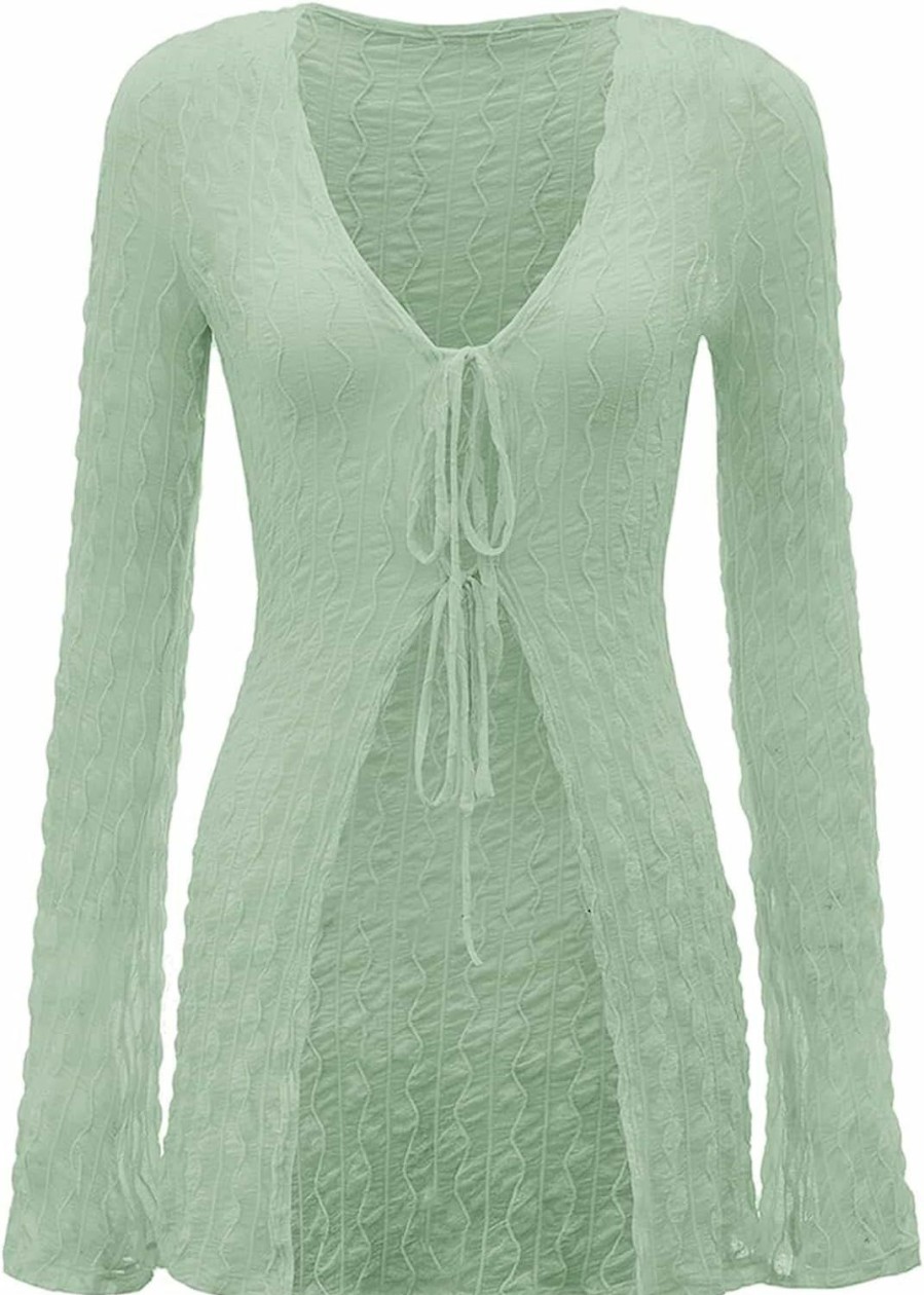 Sweaters | Verdusa Verdusa Women'S 90S Top Bell Long Sleeve Tie Front Textured Sheer T-Shirt Cardigan