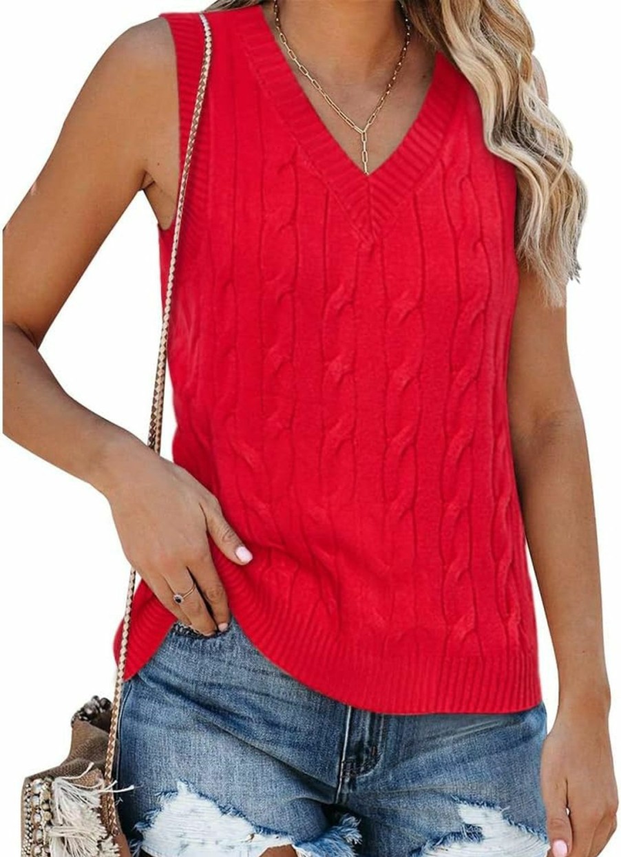 Sweaters | Fisoew Fisoew Women'S Sleeveless V-Neck Vintage Sweater Knitted Vest Casual Preppy Style