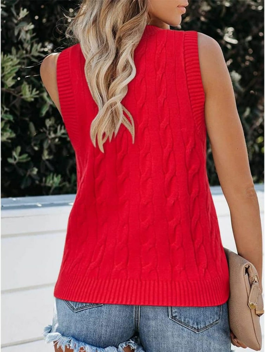 Sweaters | Fisoew Fisoew Women'S Sleeveless V-Neck Vintage Sweater Knitted Vest Casual Preppy Style