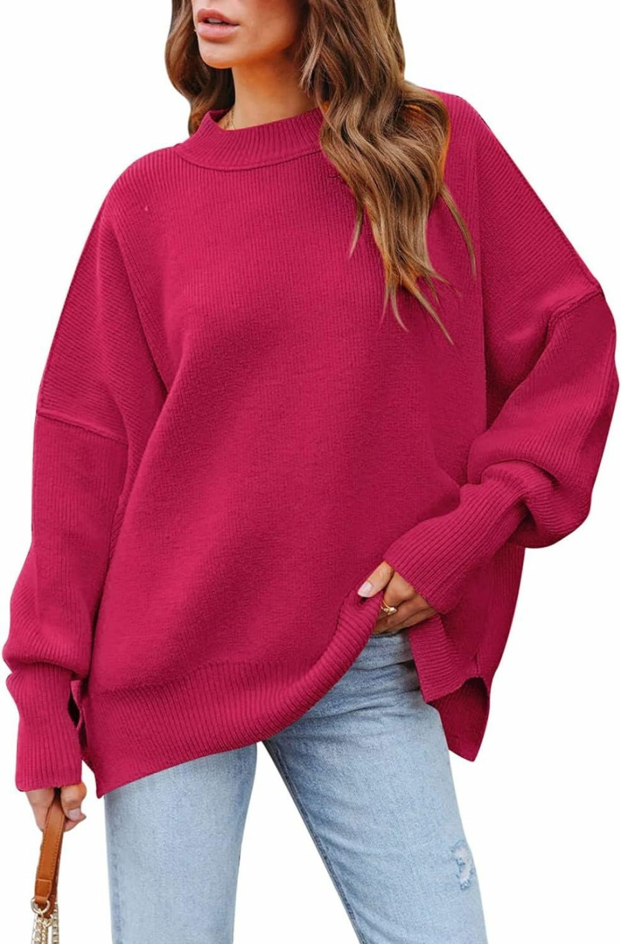 Sweaters | HAPCOPE Women'S 2023 Fall Casual Oversized Sweater Crewneck Batwing Sleeve Side Slit Ribbed Knit Pullover Tops