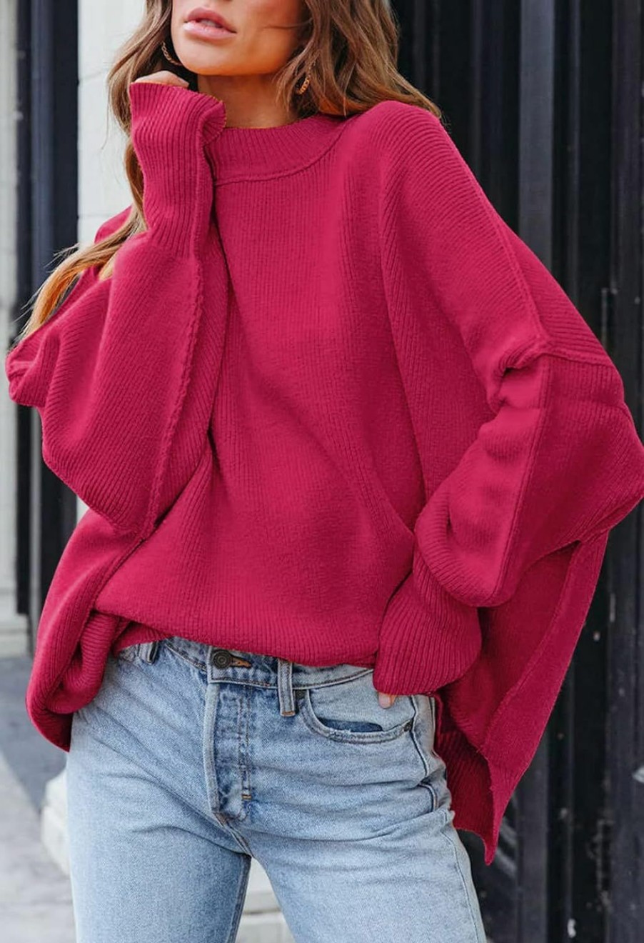 Sweaters | HAPCOPE Women'S 2023 Fall Casual Oversized Sweater Crewneck Batwing Sleeve Side Slit Ribbed Knit Pullover Tops