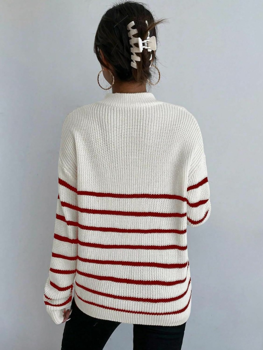 Sweaters | MakeMeChic Makemechic Women'S Casual Striped Half Zip Up Drop Shoulder Long Sleeve Sweater Pullover Top