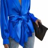 Sweaters | ACEVOG Acevog Women'S Satin Blouse Wrap Tie Waist Or Open Front Shirt Silk Drape Dressy Long Sleeve Top