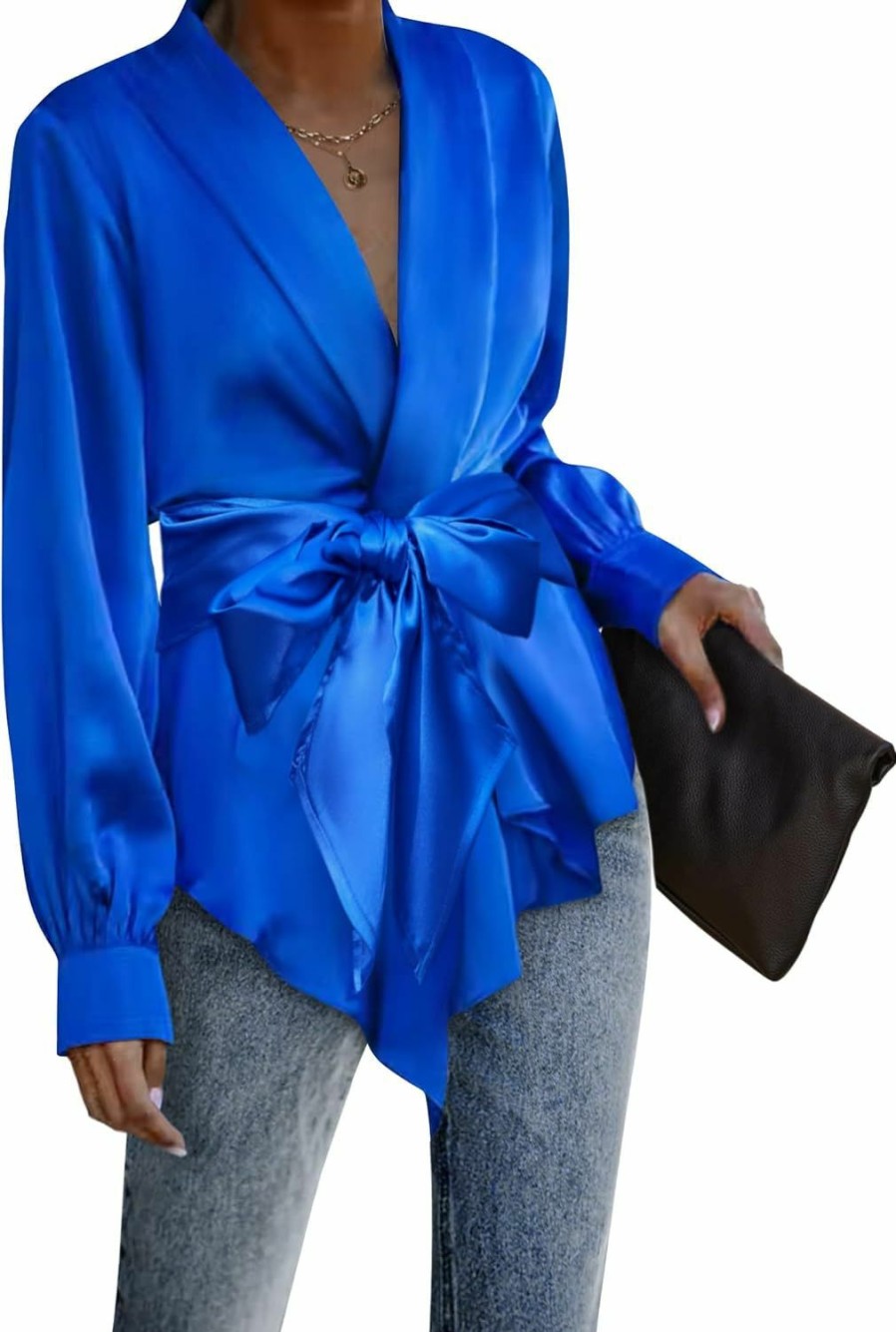 Sweaters | ACEVOG Acevog Women'S Satin Blouse Wrap Tie Waist Or Open Front Shirt Silk Drape Dressy Long Sleeve Top