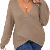 Sweaters | MakeMeChic Makemechic Women'S Plus Size Wrap V Neck Oversized Long Sleeve Asymmetrical Pullover Sweater