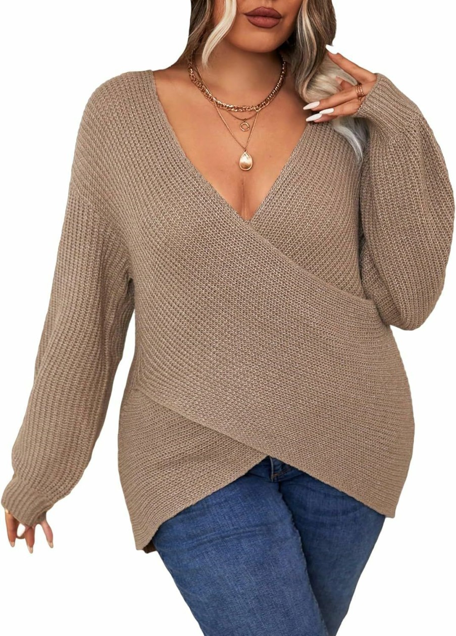 Sweaters | MakeMeChic Makemechic Women'S Plus Size Wrap V Neck Oversized Long Sleeve Asymmetrical Pullover Sweater