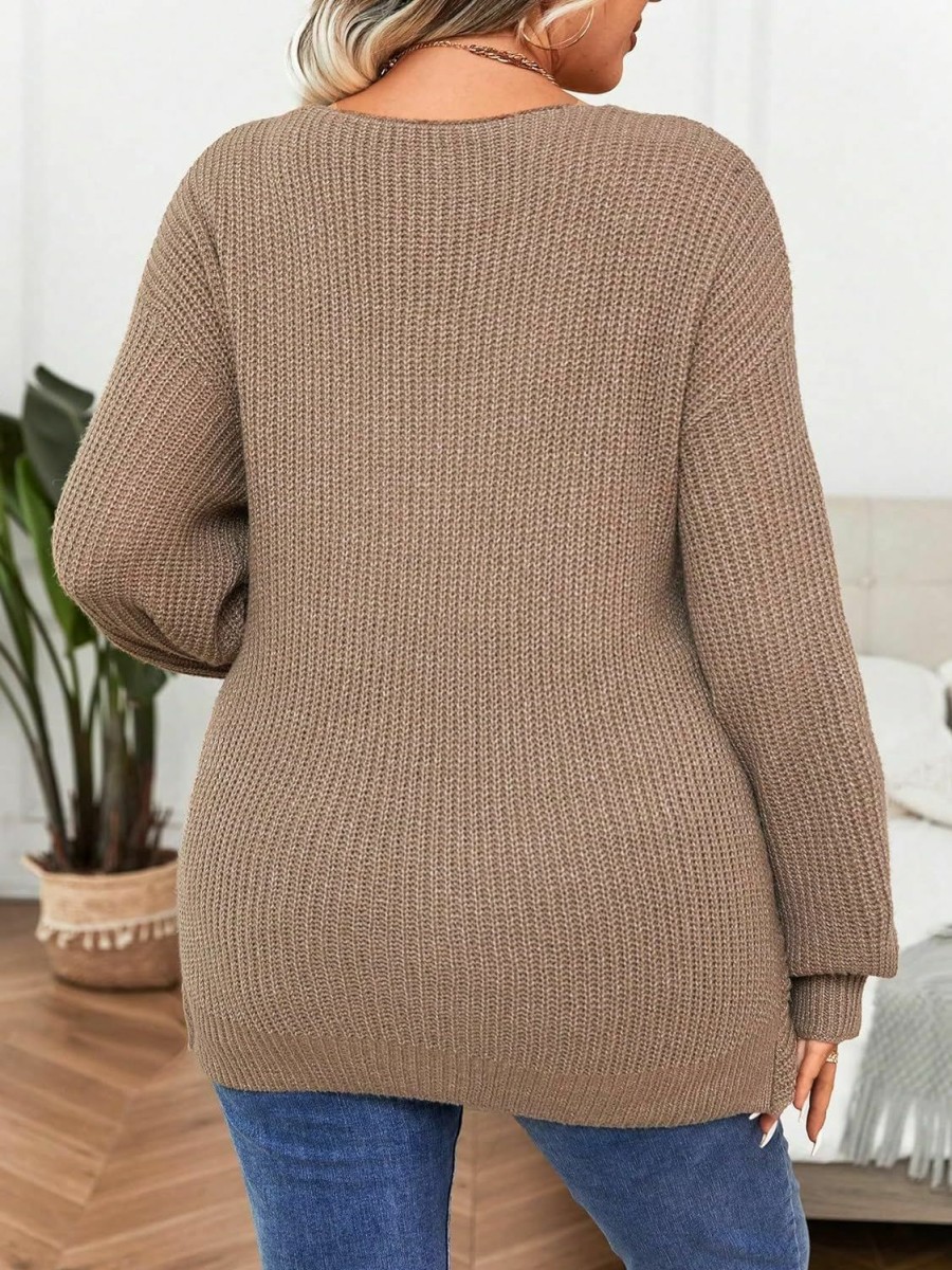 Sweaters | MakeMeChic Makemechic Women'S Plus Size Wrap V Neck Oversized Long Sleeve Asymmetrical Pullover Sweater